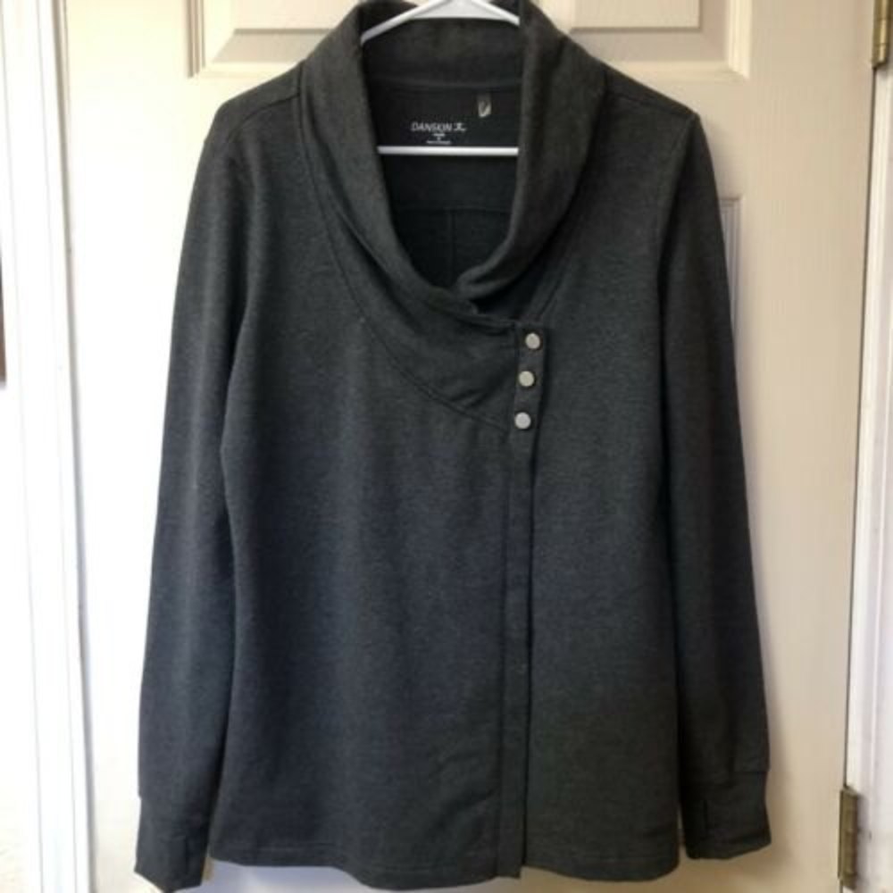 Women's Danskin French Terry Asymmetrical Yoga Wrap Dark Gray SzM Thumb Hole